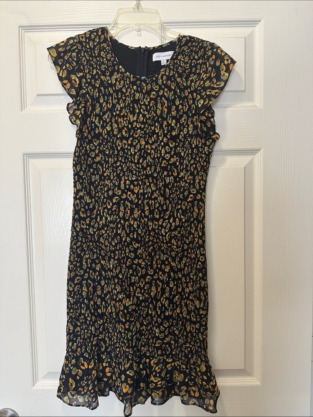 Lost + Wander Mixed Print Black & Mustard Ruffle Sleeve cocktail dress